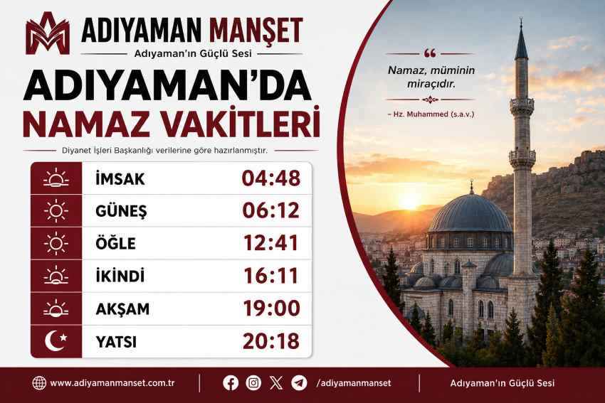 Adıyaman Namaz Vakitleri: 7 Eylül 2026 Pazartesi